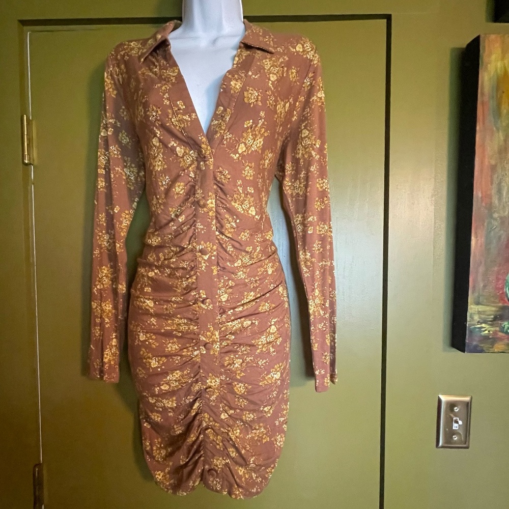 ASOS Design Knit Ruched Front Bodycon Brown Floral Dress